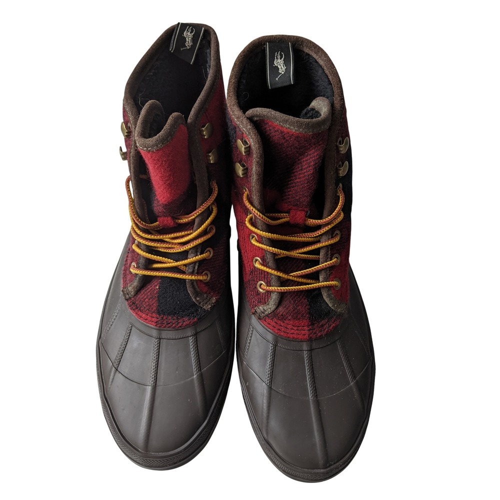 Polo Ralph Lauren Claus Laceup Duck Boots Red Black Buffalo Plaid Mens 10 - Picture 3 of 10